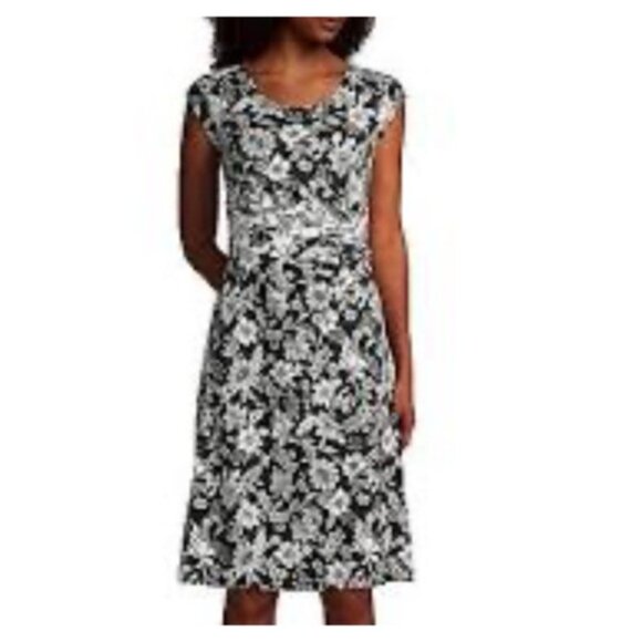Lands End Dress XL Black Ivory Cap Sleeve Stretch Cotton Floral Washable NEW - Picture 1 of 14